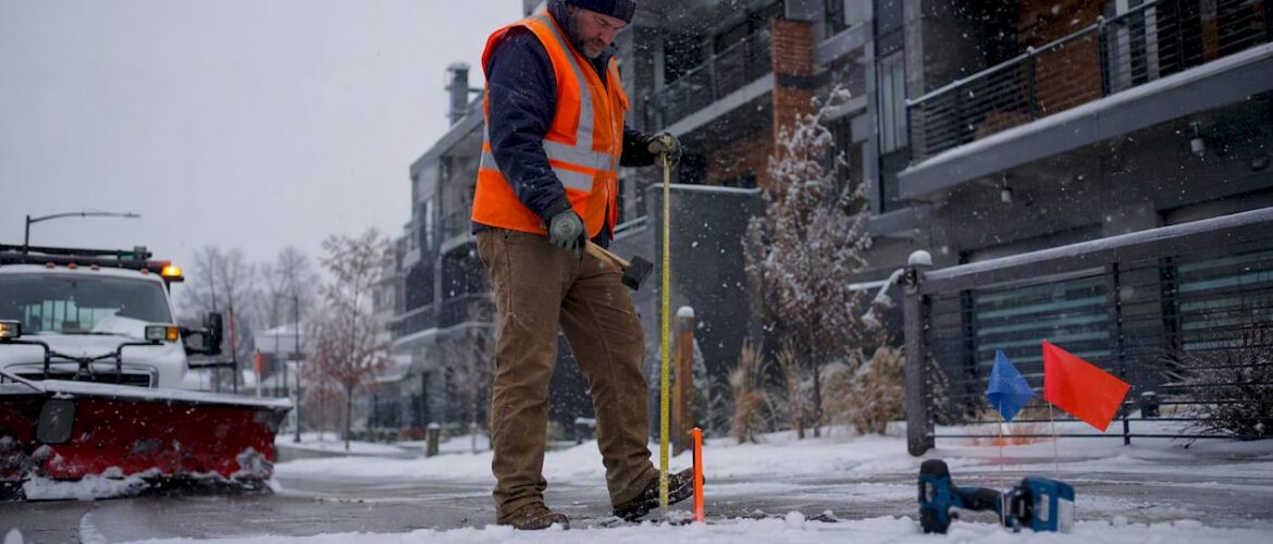 Property manager installing fiberglass driveway stakes