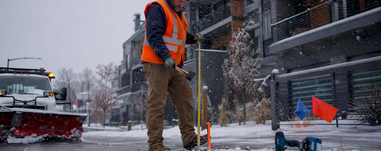 Property manager installing fiberglass driveway stakes