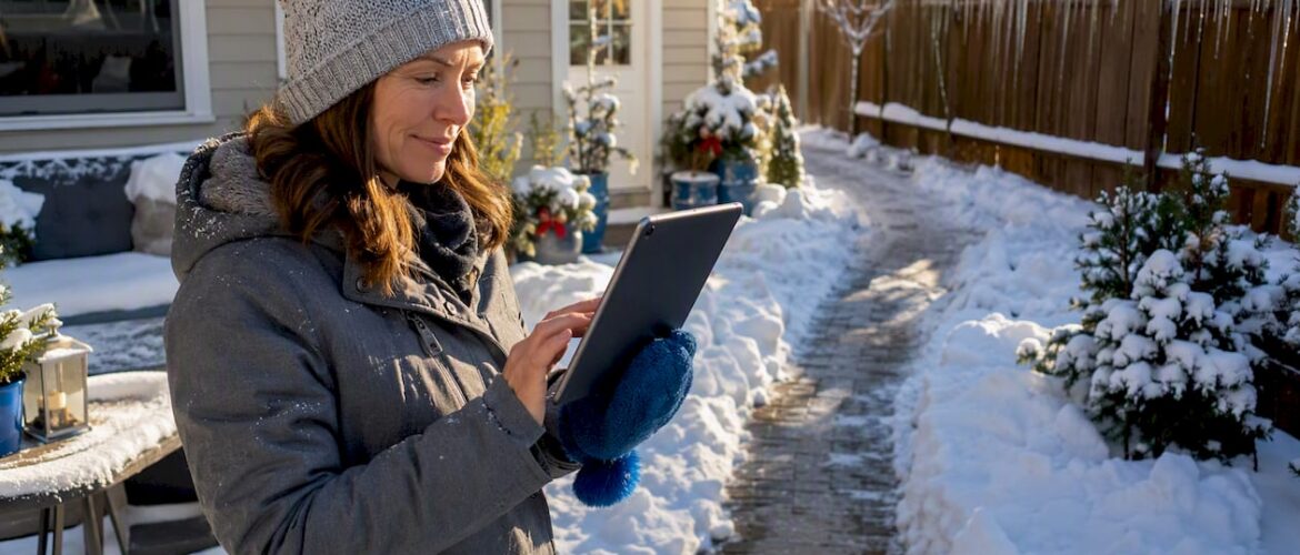 Homeowner viewing snow-cleared driveway with snowplow