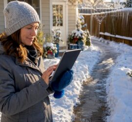 Homeowner viewing snow-cleared driveway with snowplow