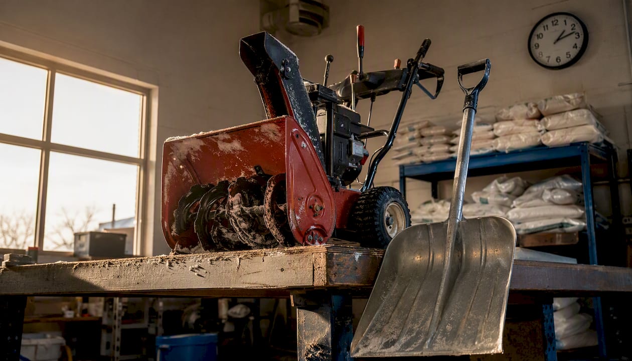 Snowblower and shovel in garage workshop