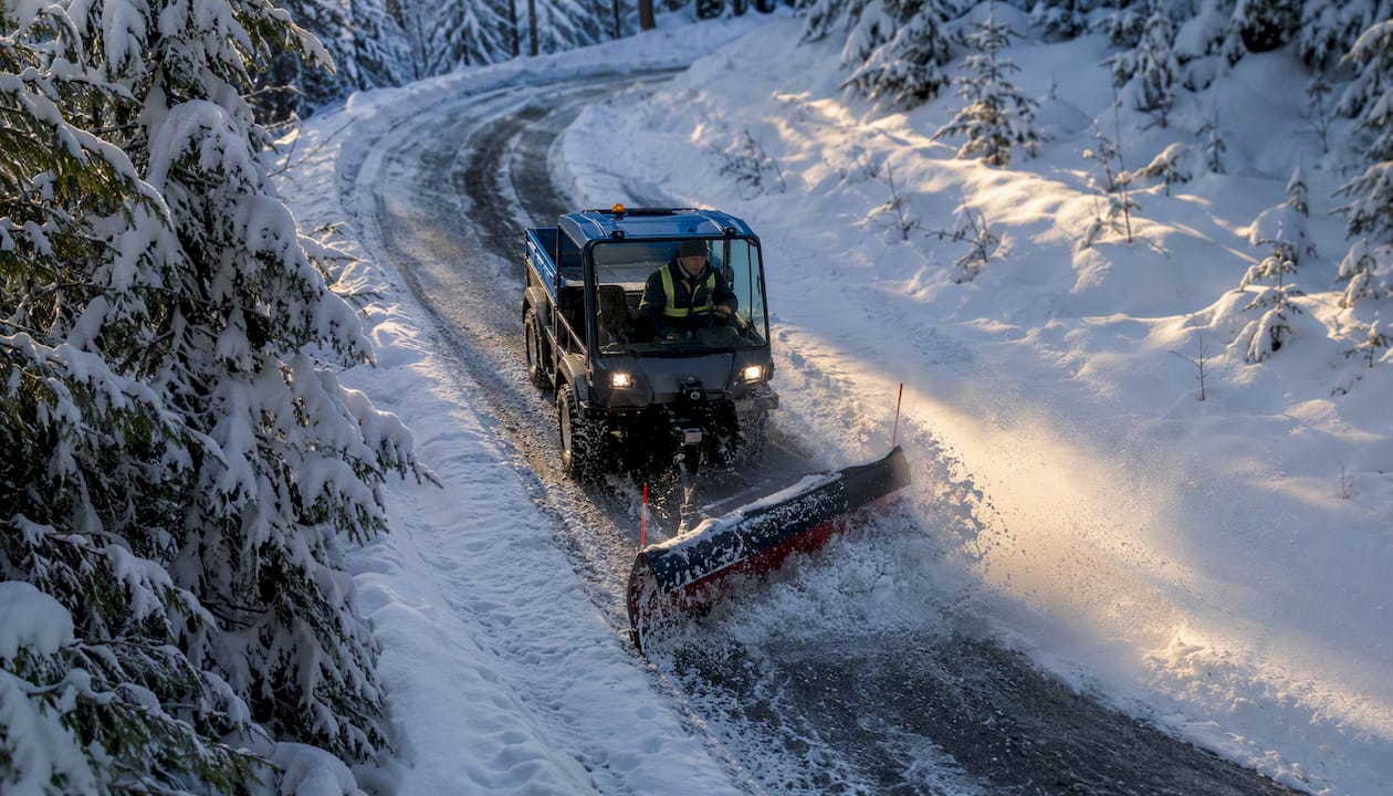 Contractor plowing steep snowy gravel driveway