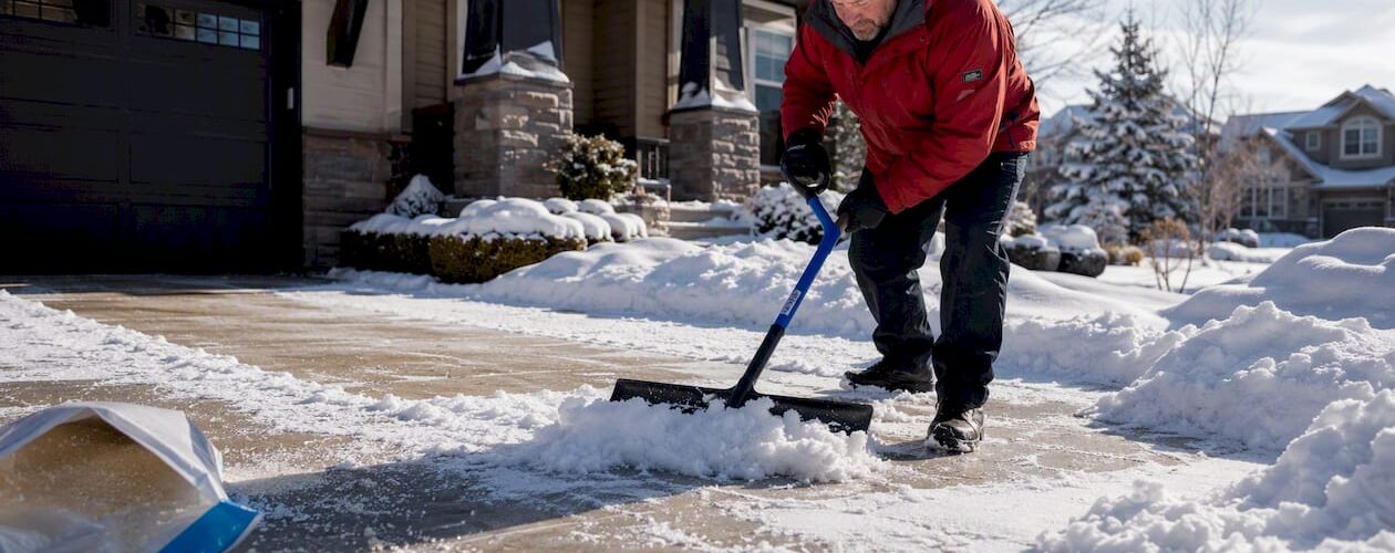 Man shoveling snow applying safe ice melt on driveway