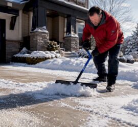 Man shoveling snow applying safe ice melt on driveway