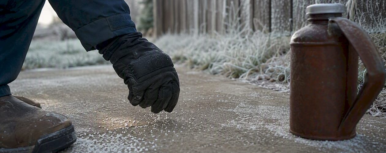 Hand sprinkling granular deicer on sidewalk