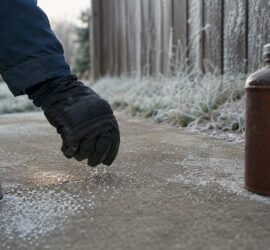 Hand sprinkling granular deicer on sidewalk
