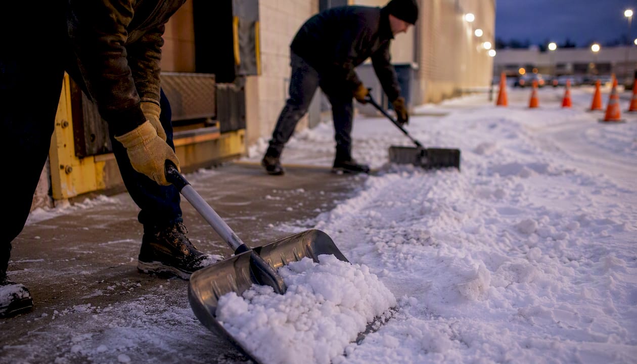 Manual shoveling of snow from commercial sidewalk