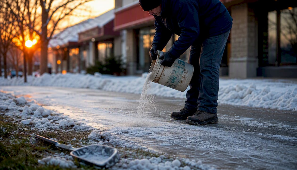 Worker applying ice melt on commercial sidewalk