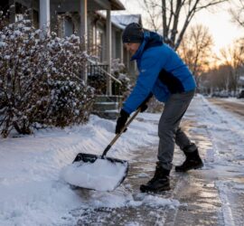 Person shoveling snow on Denver residential sidewalk
