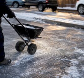 Worker spreading ice melt on icy parking lot