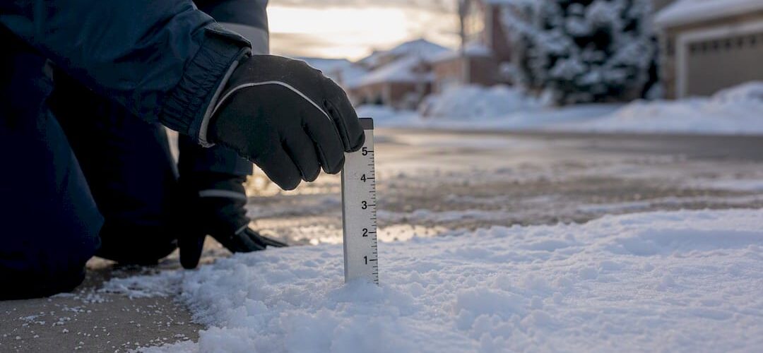 Technician measuring snow depth on parking lot stake