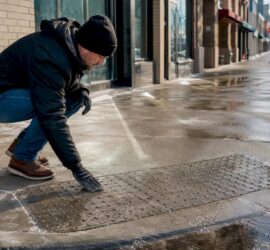 Gloved hand pointing at cleared curb ramp