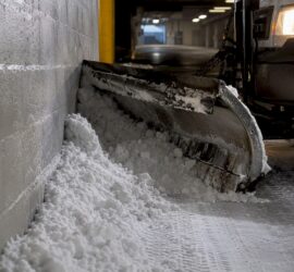 Snow plow clearing parking garage concrete floor