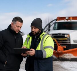 snow cleaning services near me in Denver - professional crew clearing driveway and sidewalk with snow blower