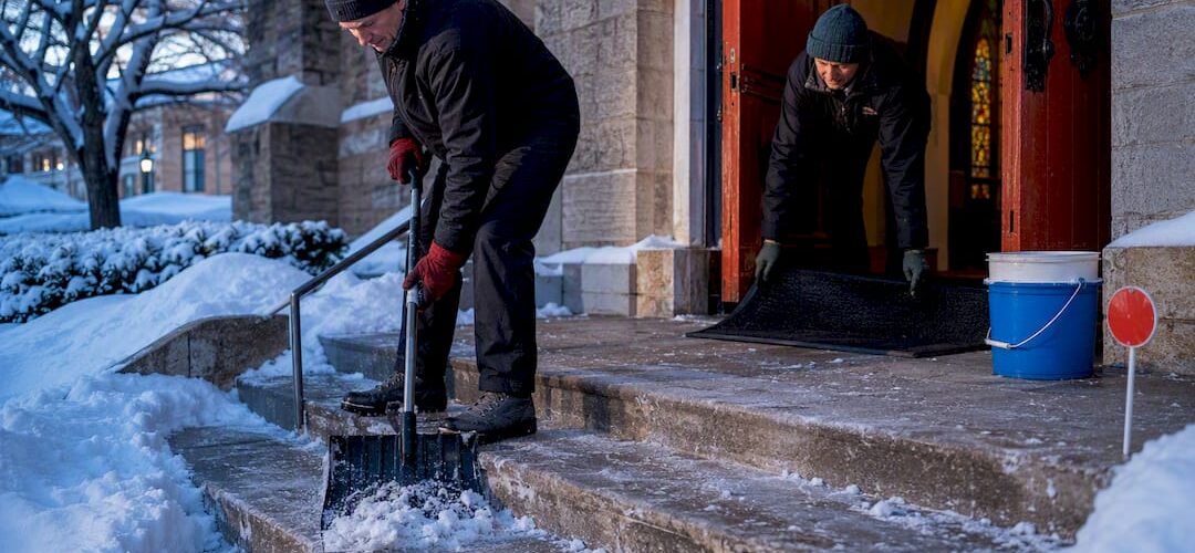 Church entrance cleared after snowfall
