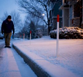 Reflective stakes marking snowy driveway edges
