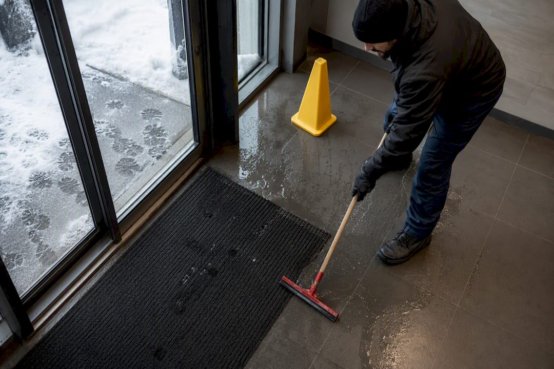 Worker drying a snow-wet business entryway