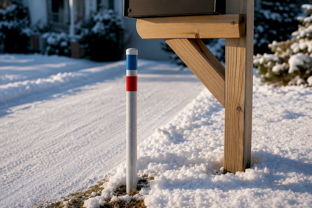 Reflective marker beside breakaway mailbox post