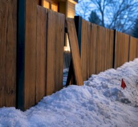 Snow-damaged residential fence beside plowed berm