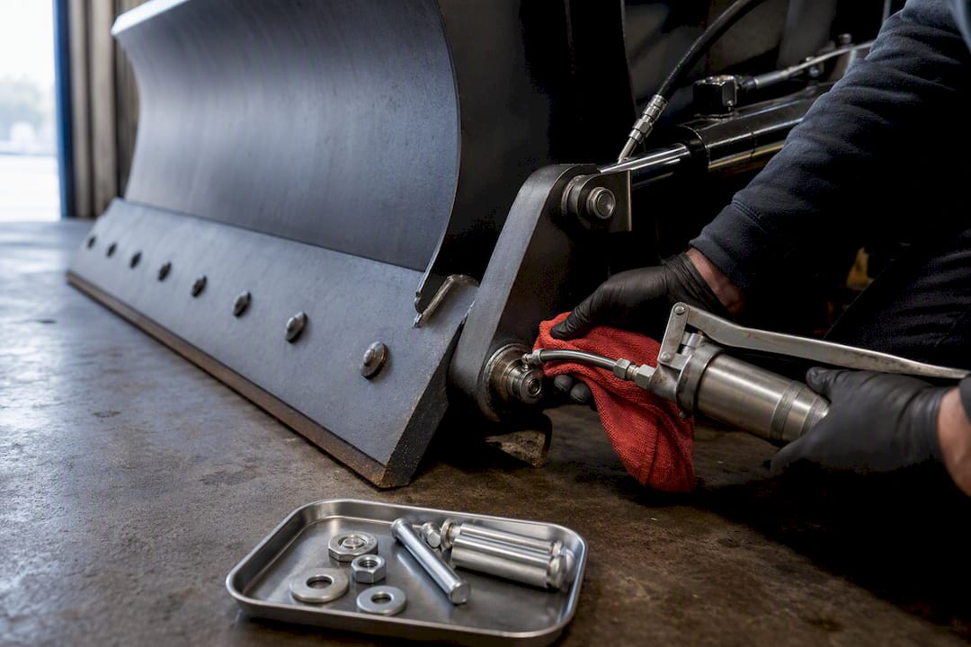 Technician servicing snow plow cutting edge