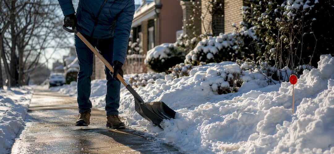 Homeowner clearing snow from Denver sidewalk