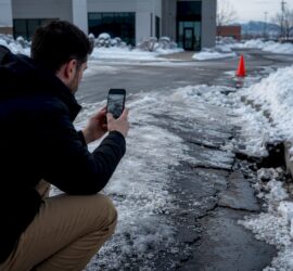 Manager documenting storm damage in commercial lot