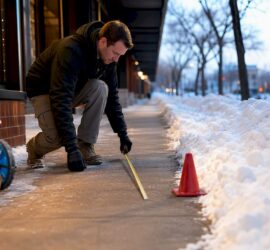 Measured commercial sidewalk after snow removal