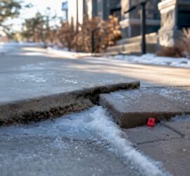 Uneven icy sidewalk with raised concrete slab