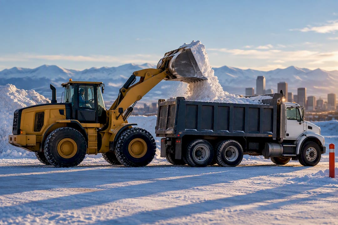 Snow being hauled away from a commercial property