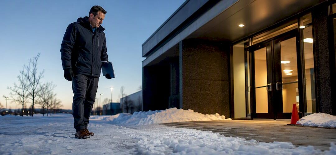 Property manager inspecting snowy commercial entrance