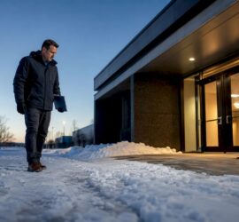 Property manager inspecting snowy commercial entrance