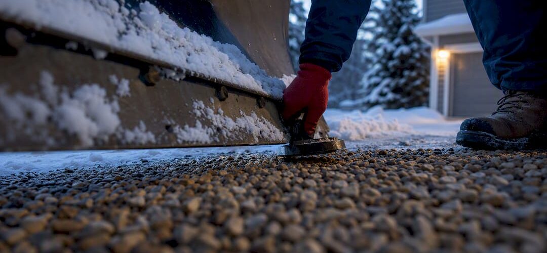 Plow edge clearing snow above gravel