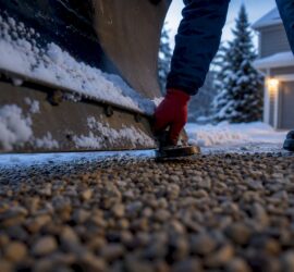 Plow edge clearing snow above gravel
