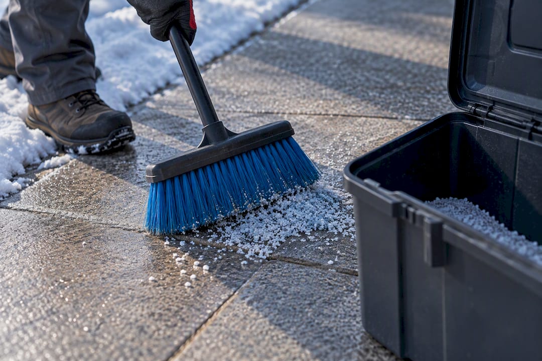 Caretaker sweeping deicer into storage container