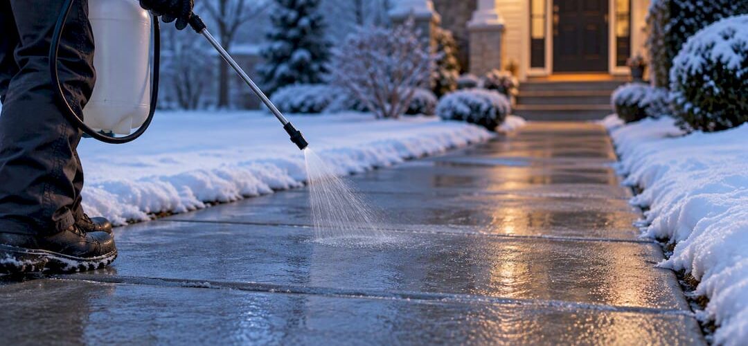 Worker pretreating residential sidewalk with brine