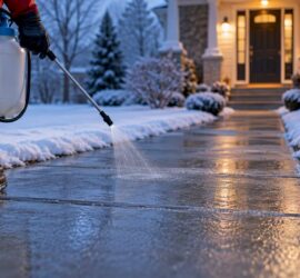 Worker pretreating residential sidewalk with brine