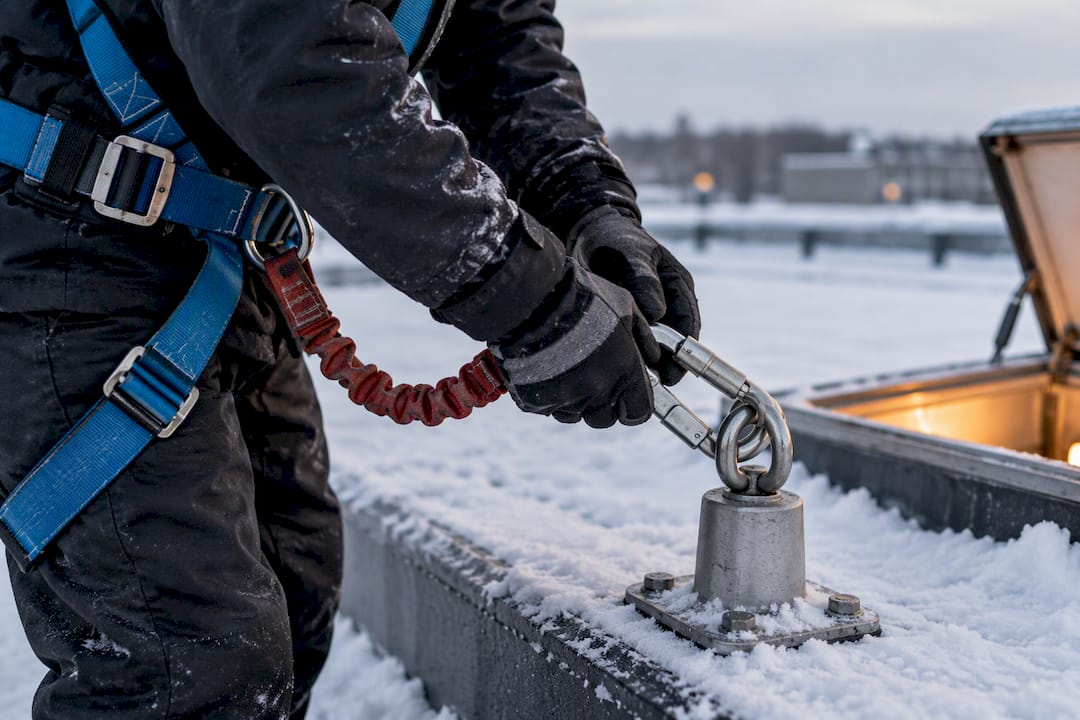 Worker connecting rooftop fall protection