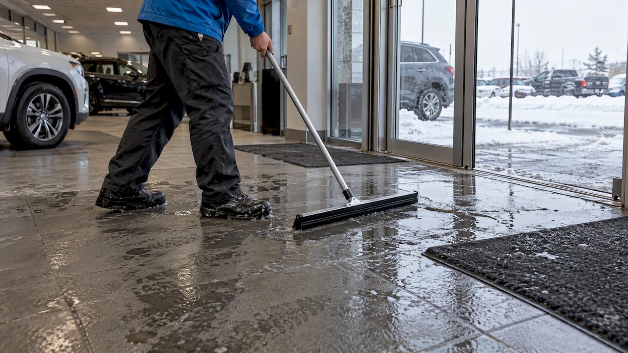 Worker removing melted snow from showroom floor