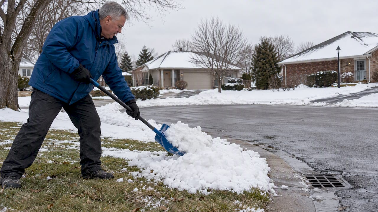 Homeowner placing snow on lawn away from drain